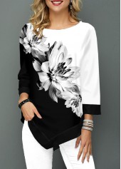 Three Quarter Sleeve Flower Print Asymmetric Hem T Shirt