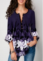 Crinkle Chest Flare Cuff Floral Print Blouse