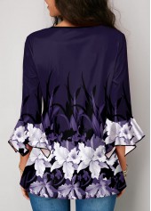 Crinkle Chest Flare Cuff Floral Print Blouse