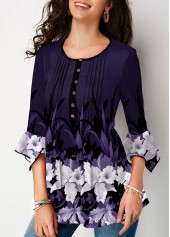 Crinkle Chest Flare Cuff Floral Print Blouse
