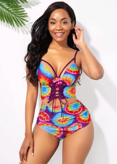 Women&apos;S Multi Color Printed Spaghetti Strap High Waisted Bikini Swimsuit Sexy Two Piece Padded Underwire Bathing Suit By Rosewe - 16