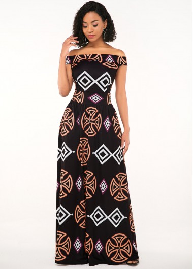 Rosewe Women Black African Printed Off The Shoulder Maxi Evening Party Dress Short Sleeve High Waisted Elegant Zipper Closure Cocktail Party Dress - S