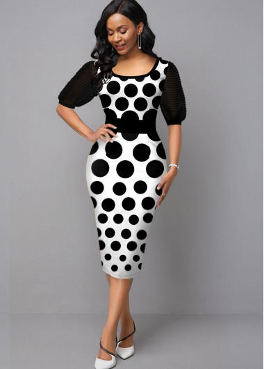 Rosewe Black Dresses Polka Dot Print Half Sleeve Black Dress - XL