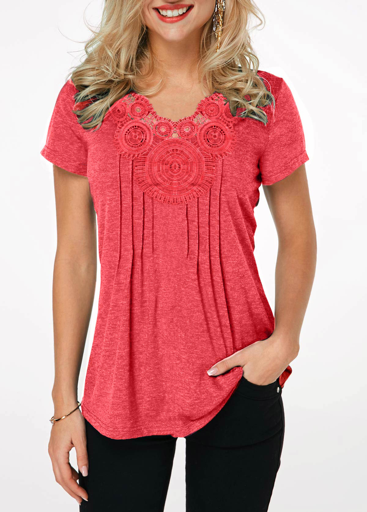 Short Sleeve Crinkle Chest Coral Red T Shirt