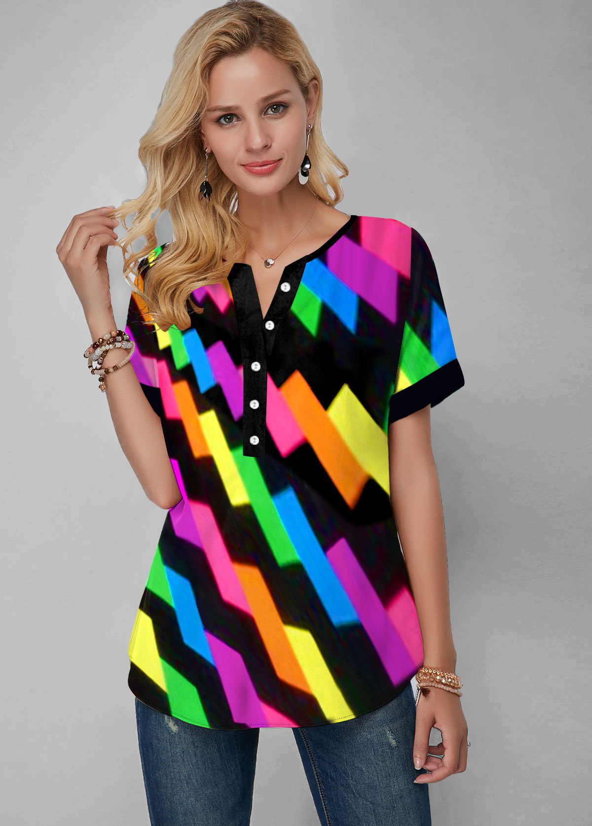 Split Neck Gradient Geometric Print Rainbow Color Blouse