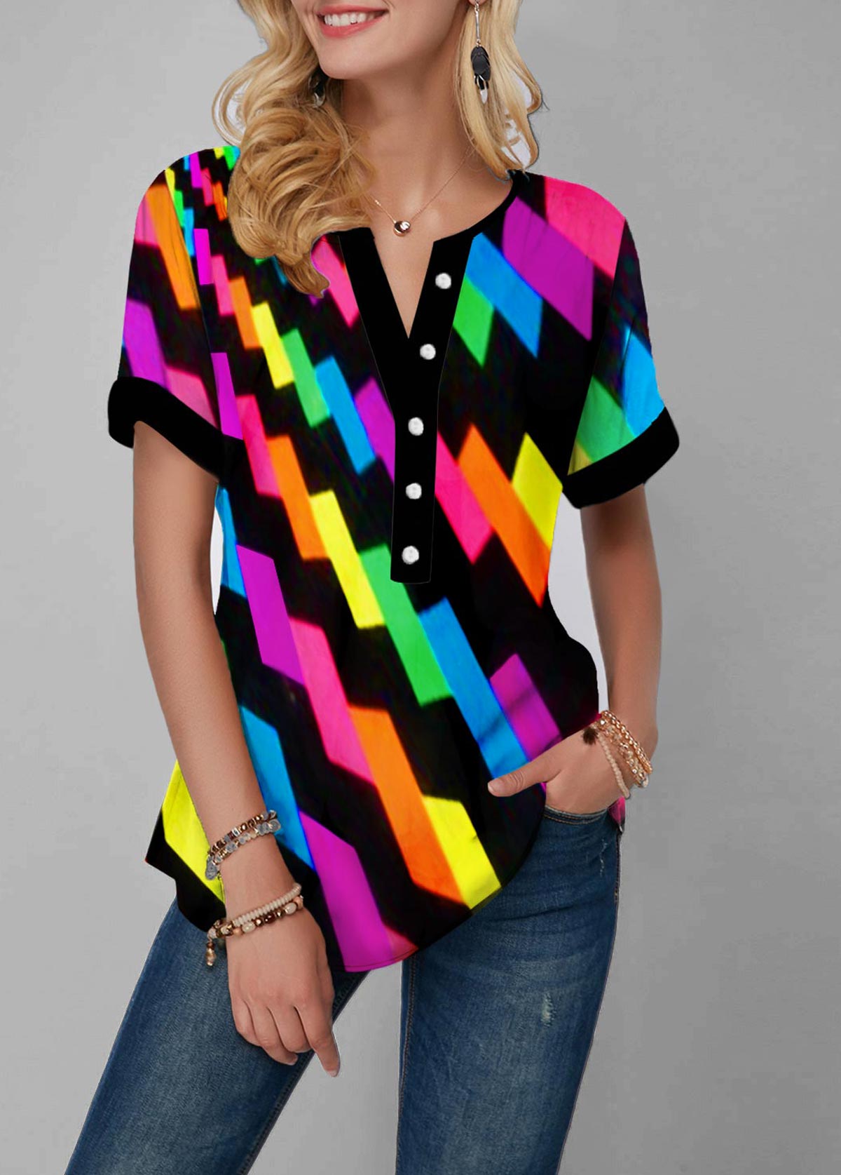 Split Neck Gradient Geometric Print Rainbow Color Blouse