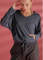 Long Sleeve Grey Drawstring Waist Sports Top