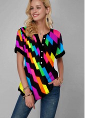 Split Neck Gradient Geometric Print Rainbow Color Blouse