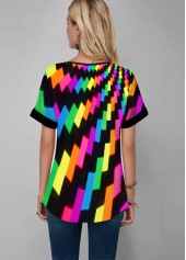Split Neck Gradient Geometric Print Rainbow Color Blouse