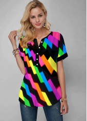 Split Neck Gradient Geometric Print Rainbow Color Blouse