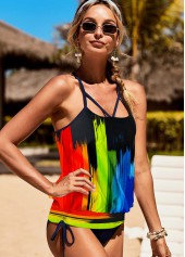 Rainbow Color Multi Stripe Drawstring Waist Tankini Set