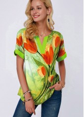 Split Neck Flower Print Short Sleeve Blouse