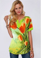 Split Neck Flower Print Short Sleeve Blouse