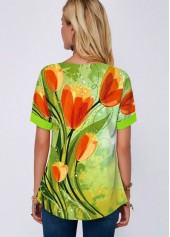 Split Neck Flower Print Short Sleeve Blouse