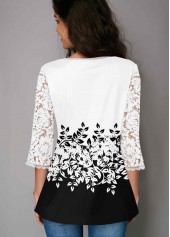 Three Quarter Sleeve Lace Panel Button Up Blouse