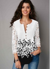 Three Quarter Sleeve Lace Panel Button Up Blouse