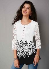 Three Quarter Sleeve Lace Panel Button Up Blouse