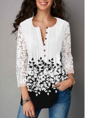 Three Quarter Sleeve Lace Panel Button Up Blouse