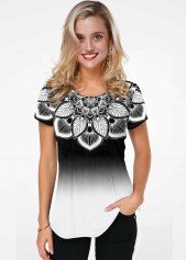 Short Sleeve Gradient Flower Print T Shirt