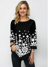 Printed Chiffon Panel Three Quarter Sleeve T Shirt