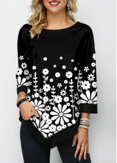 Printed Chiffon Panel Three Quarter Sleeve T Shirt