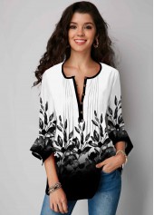 Gradient Button Up Plant Print Blouse