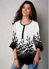 Gradient Button Up Plant Print Blouse