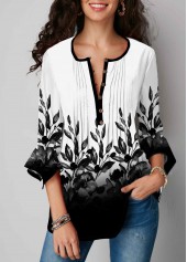 Gradient Button Up Plant Print Blouse