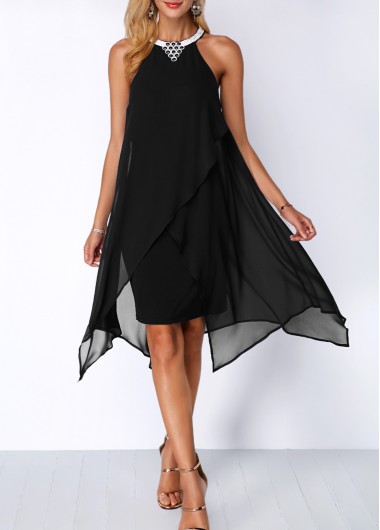 Women Black Chiffon Flowy Dress Sleeveless Halter Neck Mid Calf Overlay Embellished Neck Cocktail Party Shift Dress  By Rosewe - L