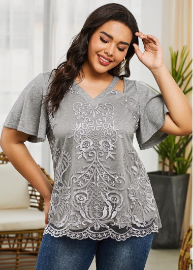 Rosewe Short Sleeve Grey Plus Size V Neck T Shirt - 3X