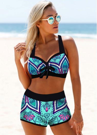 Rosewe Women&apos;S Cyan Tribal Print Two Piece Halter Neck High Waisted Bikini Swimsuit Green Padded Wire Free Two Piece Bowknot Detail Bathing Suit 