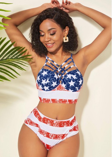 4Th Of July Women&apos;S American Flag Printed Two Piece High Waisted Bikini Swimsuit Patriotic Cross Strap Strappy Bathing Suit By Rosewe - 14