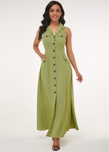 Rosewe Women Green Sleeveless Ankle Length Shirt Casual Dress With Side Pockets Solid Color Button Up Elegant Work Dress - XL