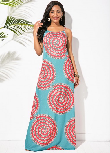 Rosewe Cocktail Party Dress Sleeveless Tribal Print Round Neck Maxi Dress - XL