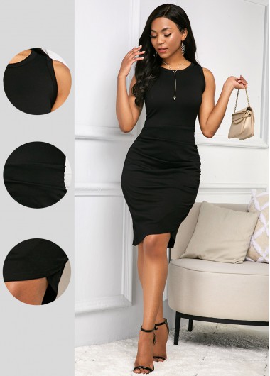 Rosewe Women Black Sleeveless Sheath Knee Length Soft Dress Solid Color Round Neck Casual Dress - XS