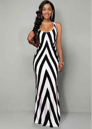 Rosewe Women Black And White Stripe Printed Elegant Sleeveless Maxi Dress Color Block Side Slit Geometric Print High Waisted Work Dress - S