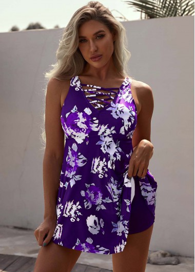 Rosewe Lace Up Asymmetric Hem Printed Swimdress and Shorts - 12