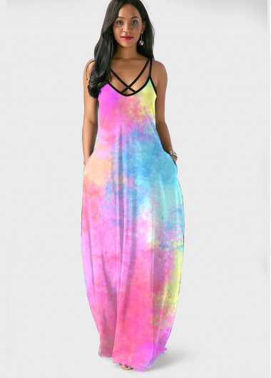 Rosewe Women Tie Dye Spaghetti Strap Straight Maxi Bohemian Dress With Side Pockets Sleeveless Tunic Casual Dress - XXL