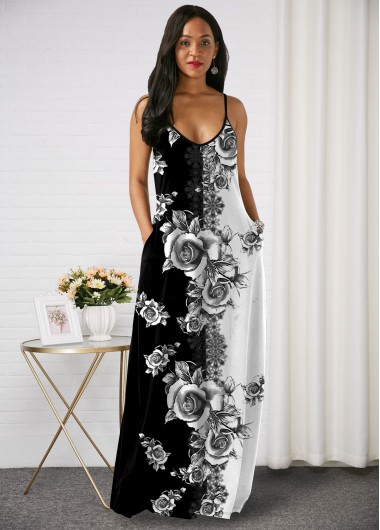 Rosewe Women Black Sleeveless Straight Bohemian Maxi Cocktail Party Dress With Side Pockets Floral Printed Spaghetti Strap Maxi Elegant Casual - XS
