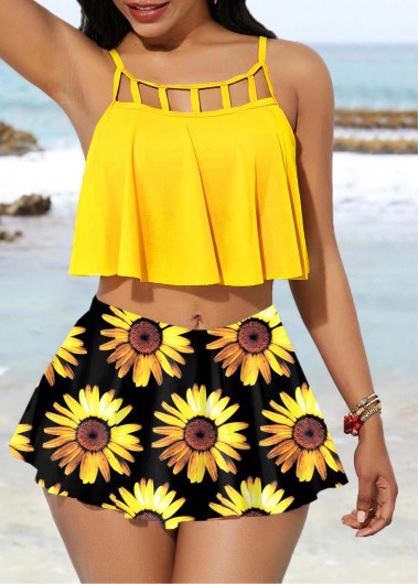 Rosewe Women Yellow Sunflower Printed Two Piece Bikini Swimsuit Padded Wire Free Spaghetti Strap Bathing Suit - S