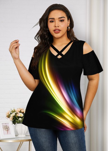 Rosewe Printed Cold Shoulder Plus Size Rainbow T Shirt - 3X