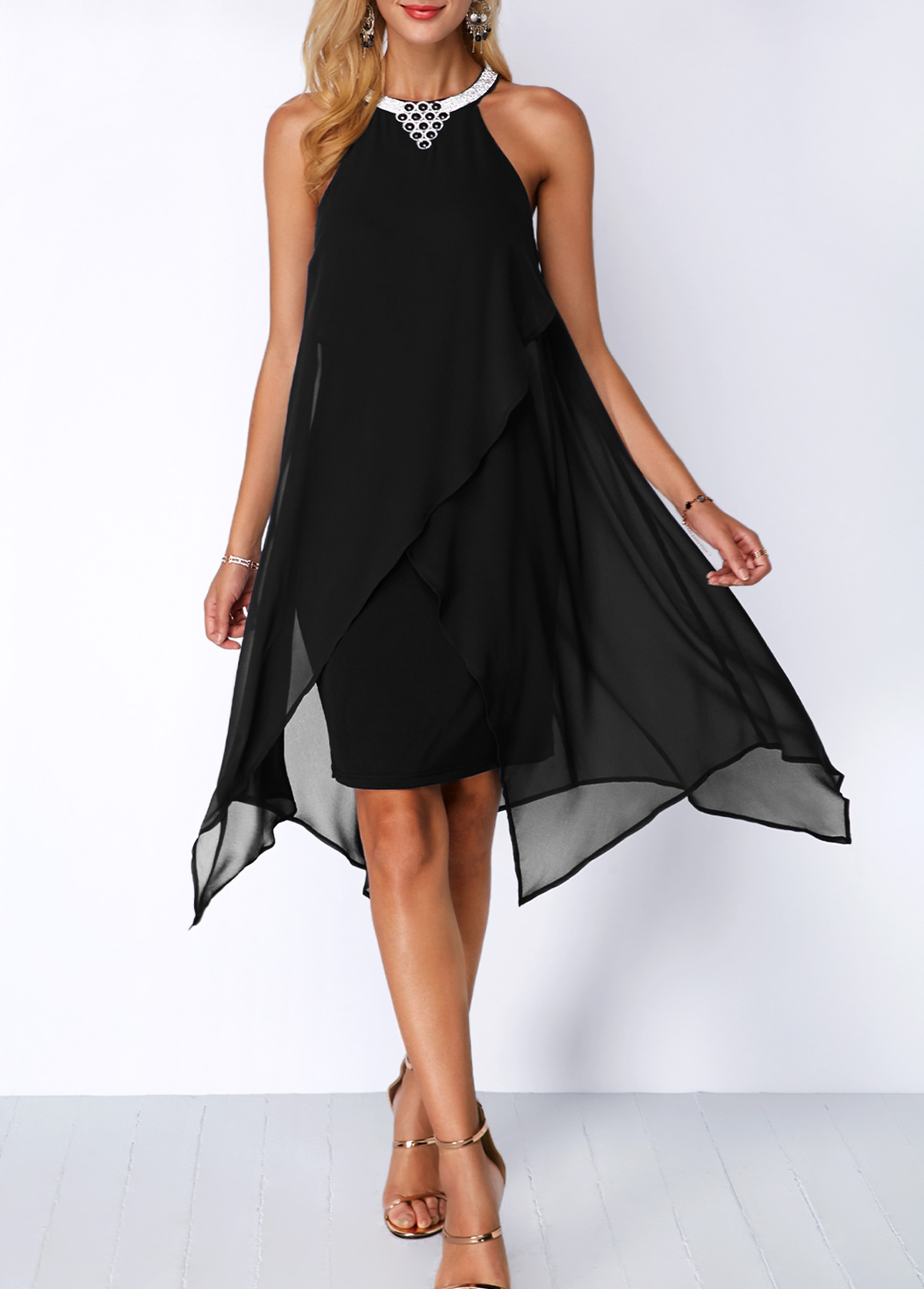 Embellished Neck Chiffon Overlay Black Dress