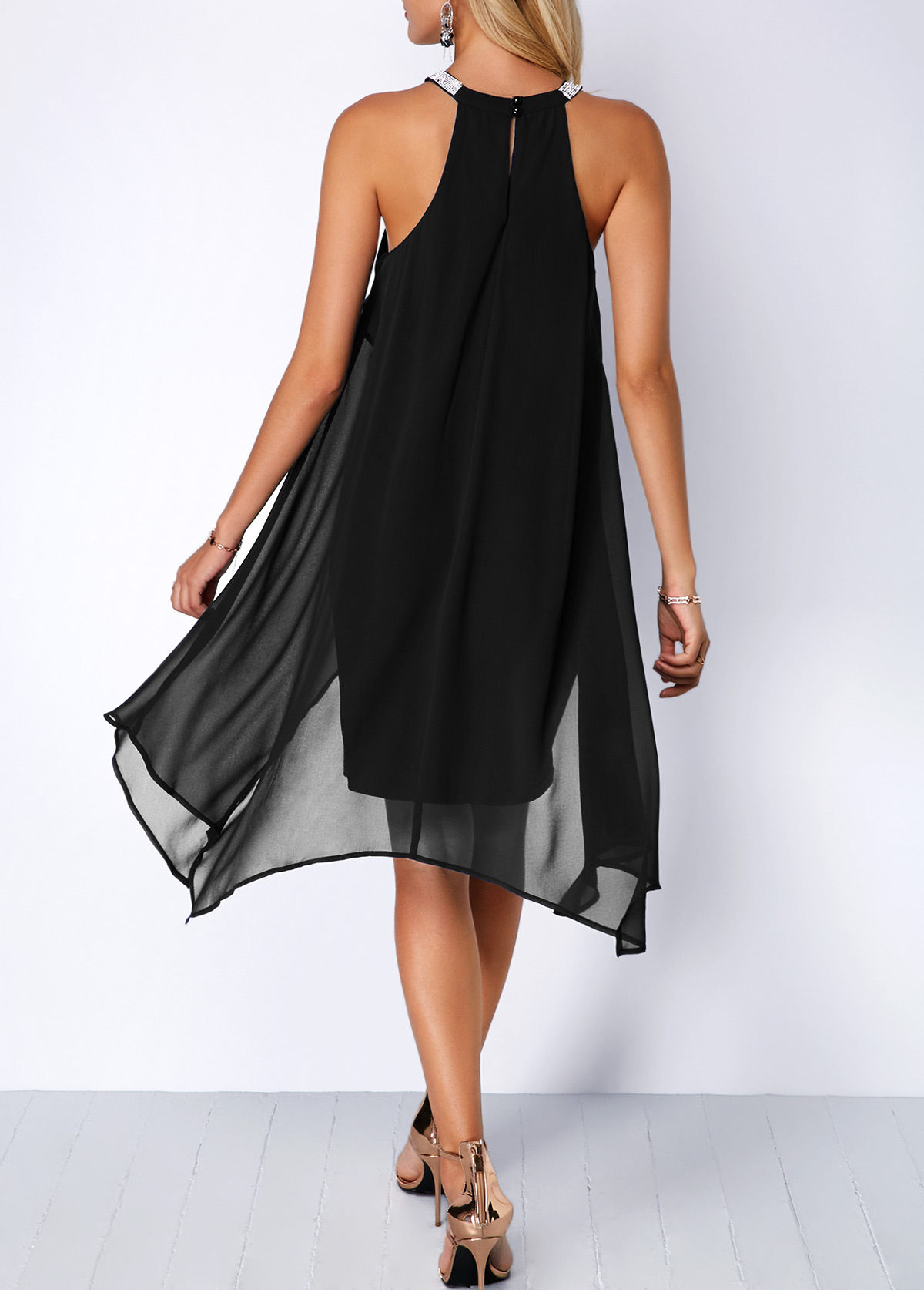 Embellished Neck Chiffon Overlay Black Dress