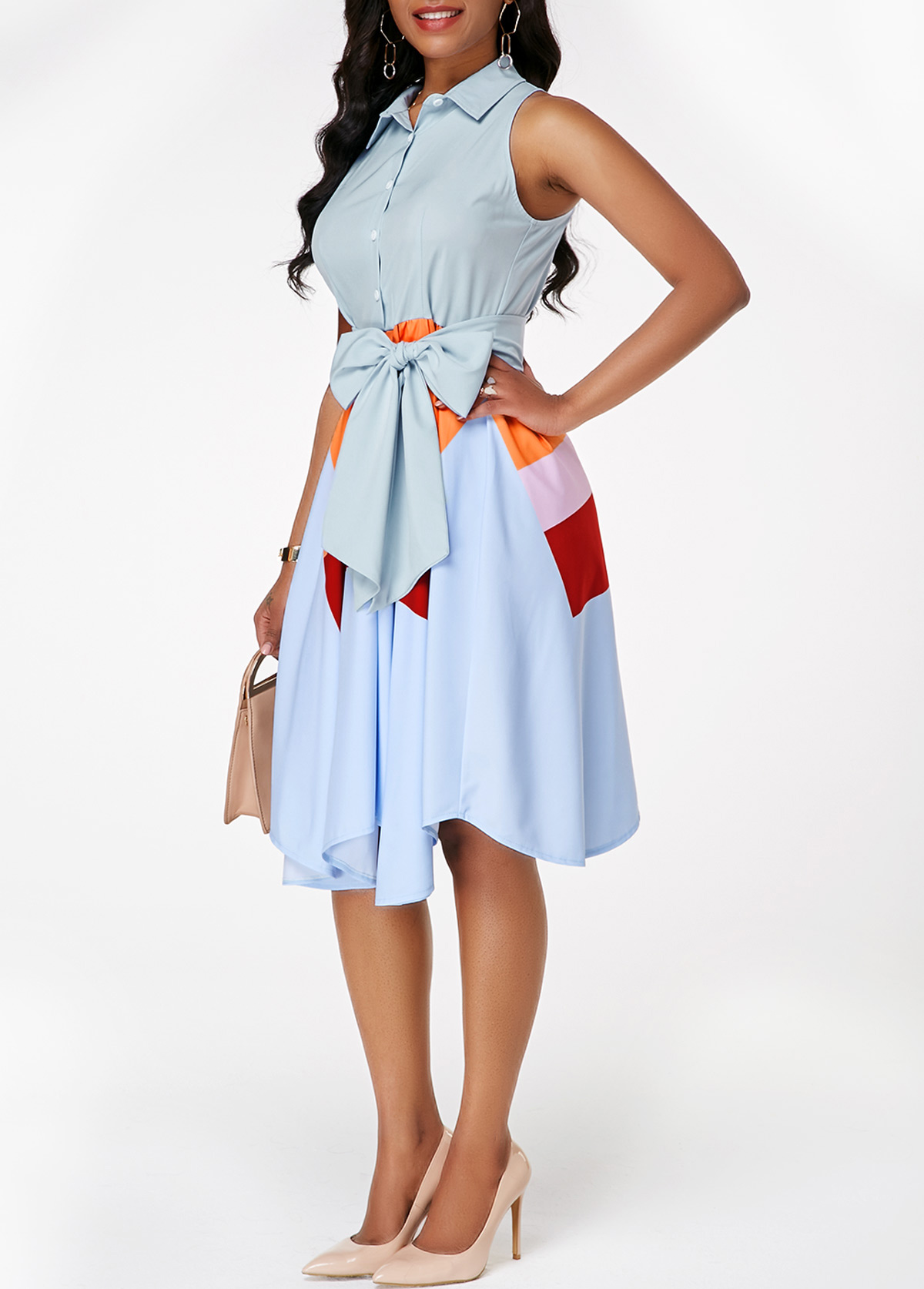 Color Block Asymmetric Hem Button Front Belted Dress