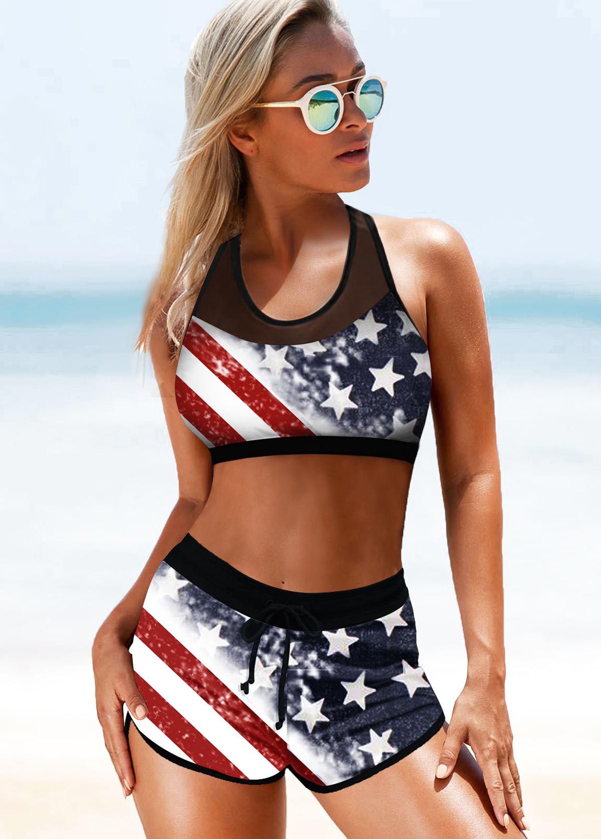 Wide Strap American Flag Print Drawstring Waist Bikini Set
