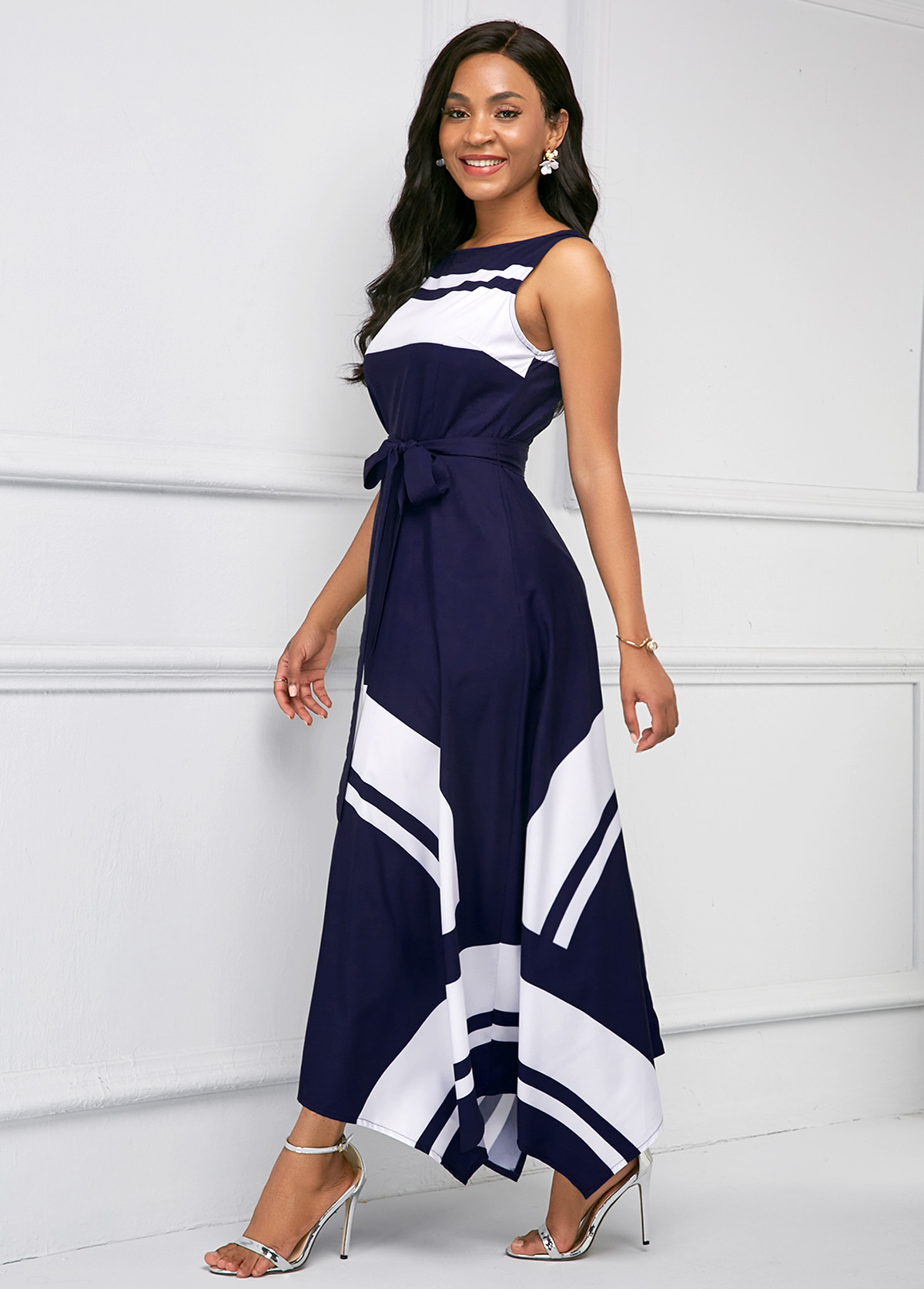 Asymmetric Hem Sleeveless Printed Maxi Dress