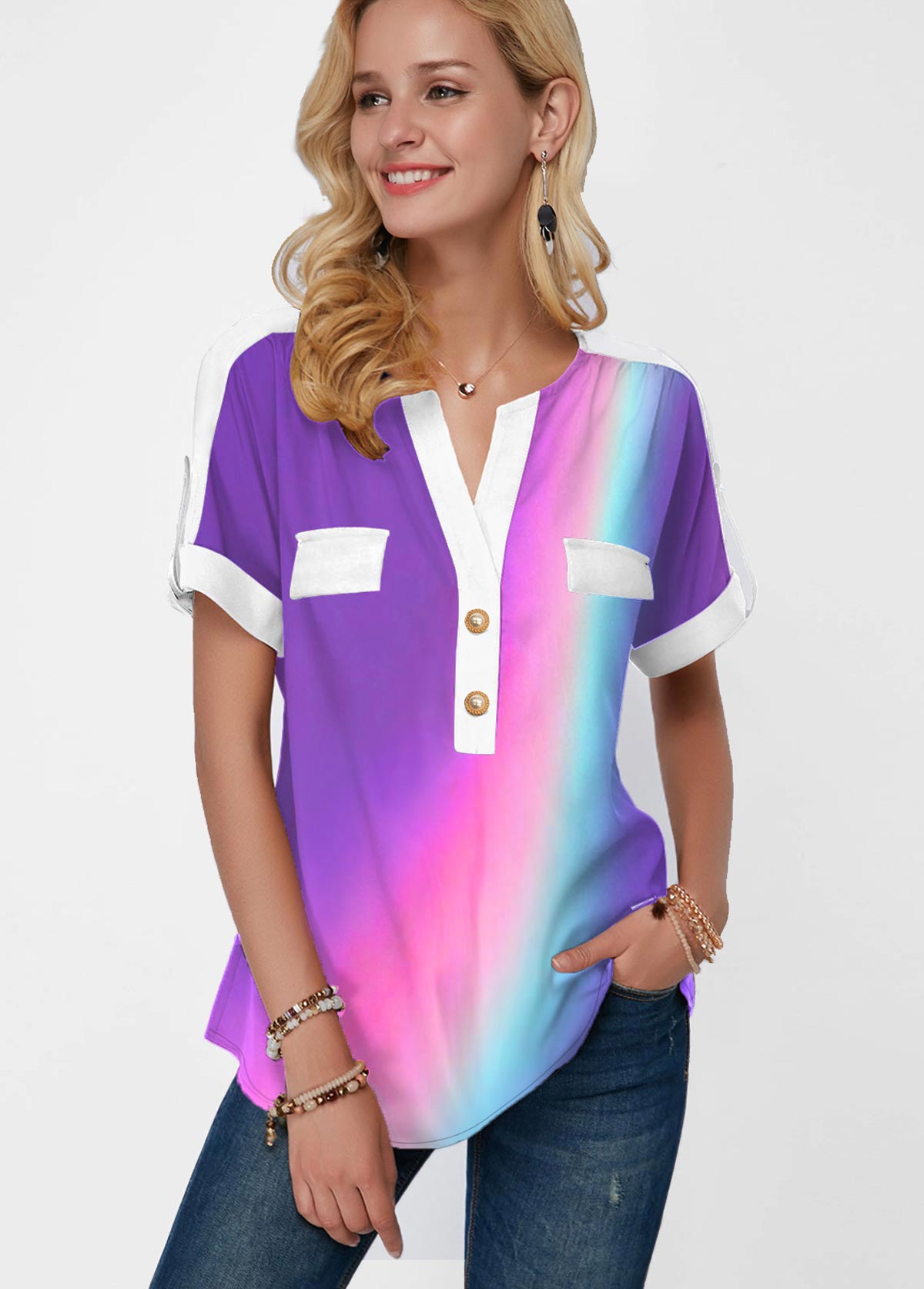 Rainbow Color Button Detail Short Sleeve Blouse