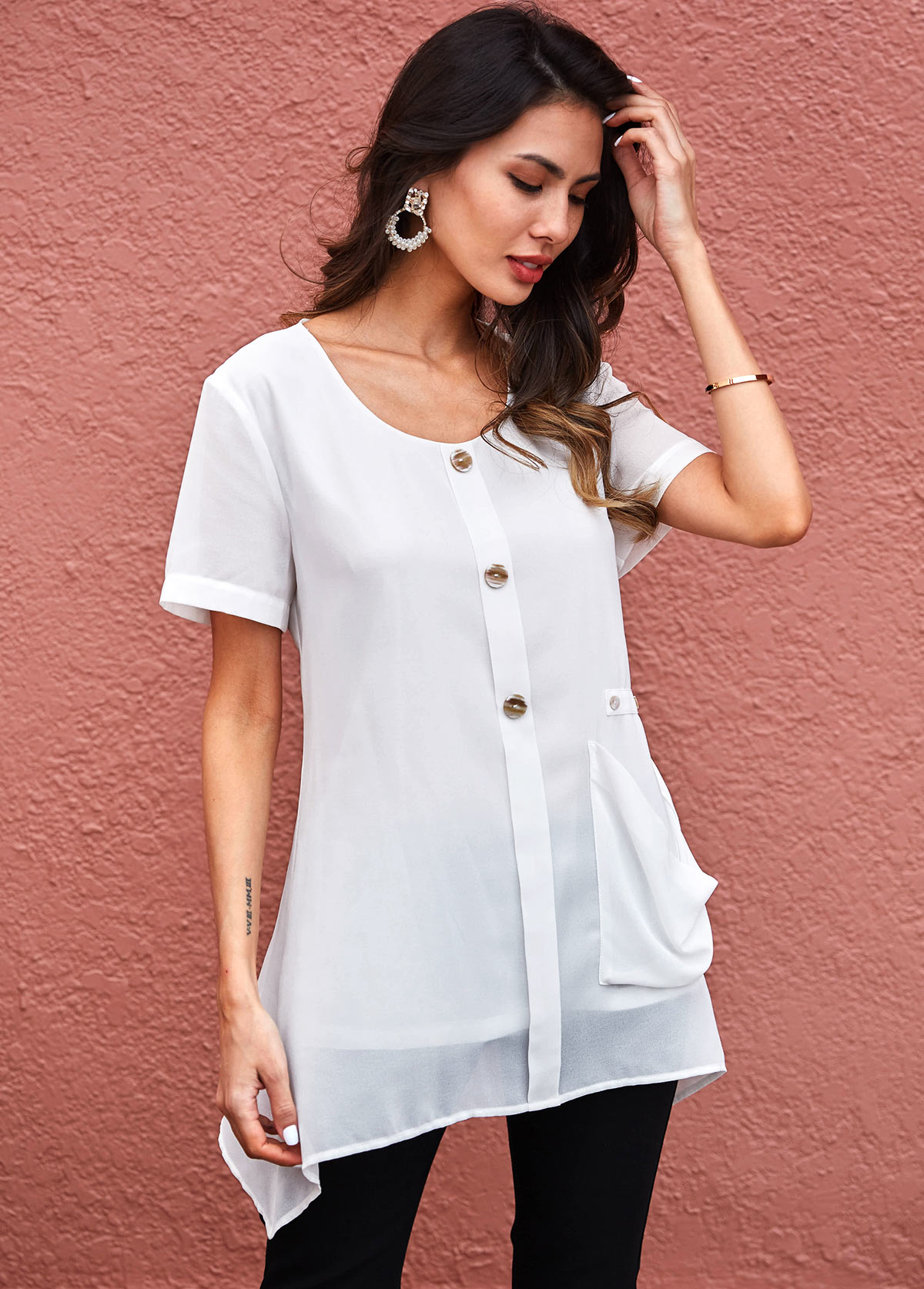 Asymmetric Hem Button Detail Pocket Soft Blouse