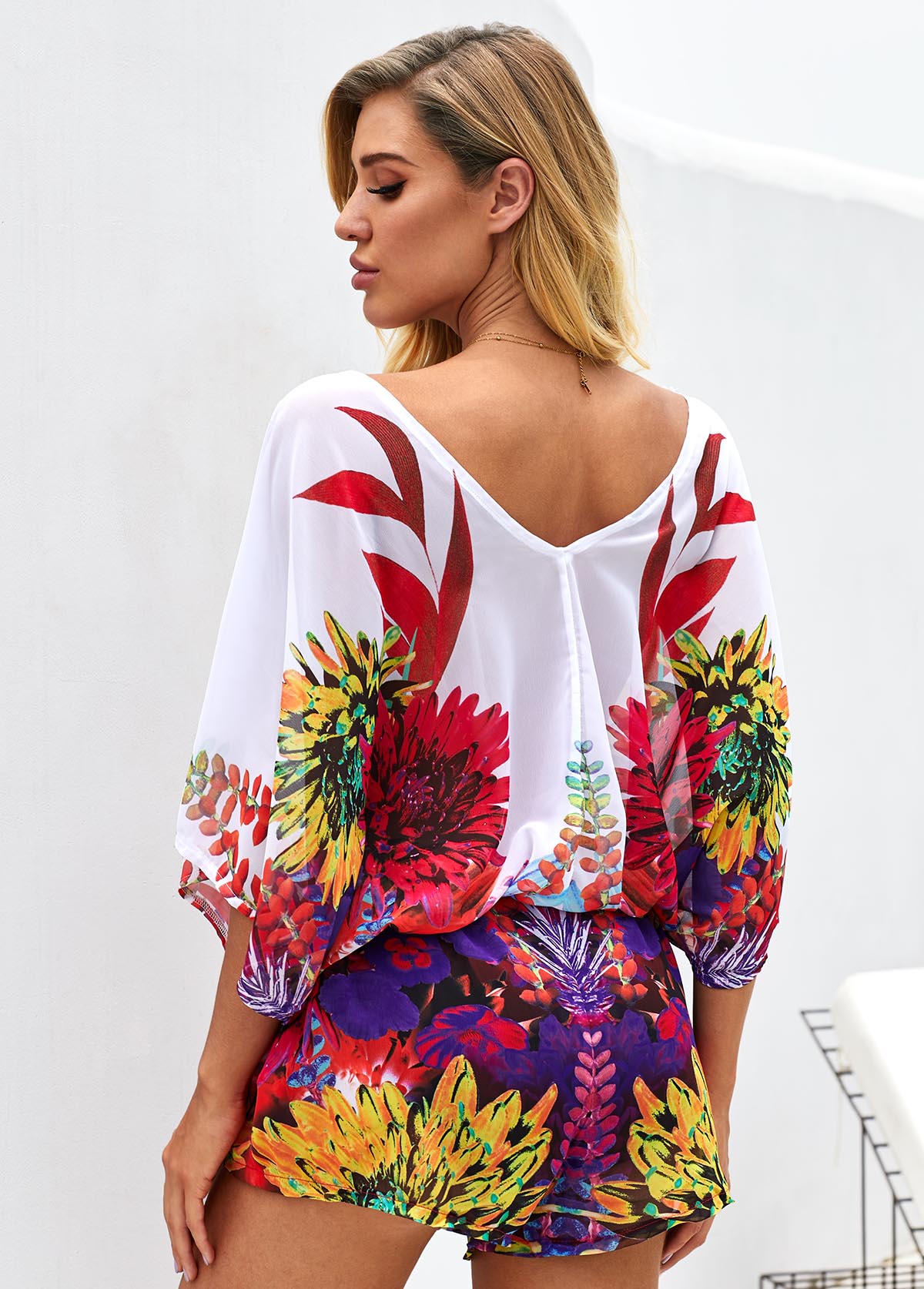 V Neck Drawstring Waist Printed Romper