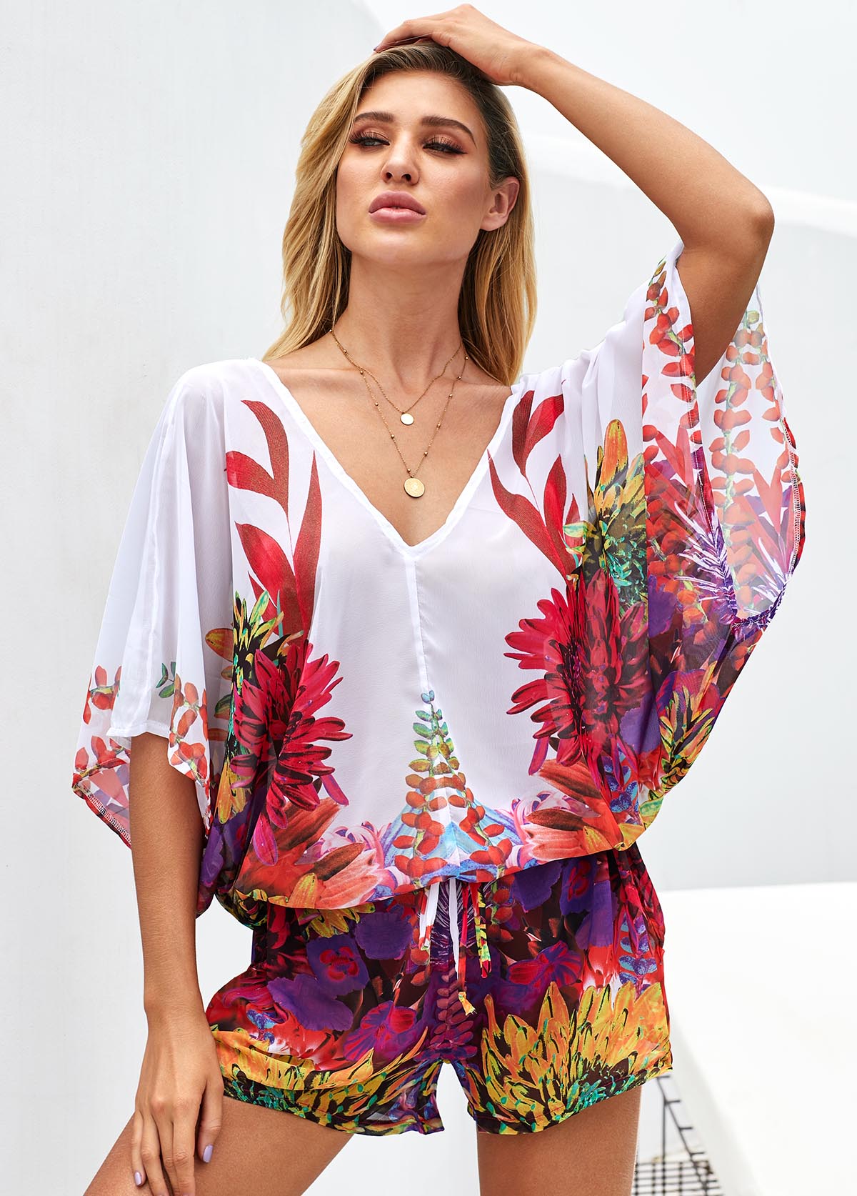 V Neck Drawstring Waist Printed Romper